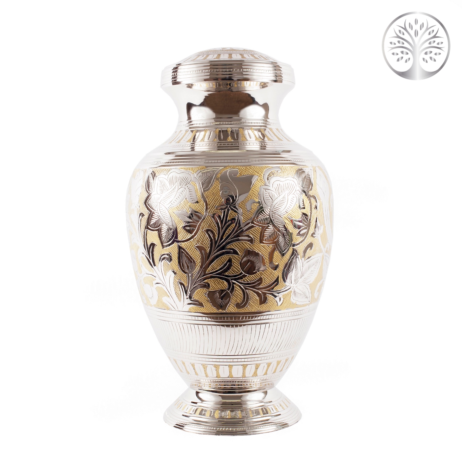 Double Floral Engraved Brass Urn in Silver and Gold (6.5L)
